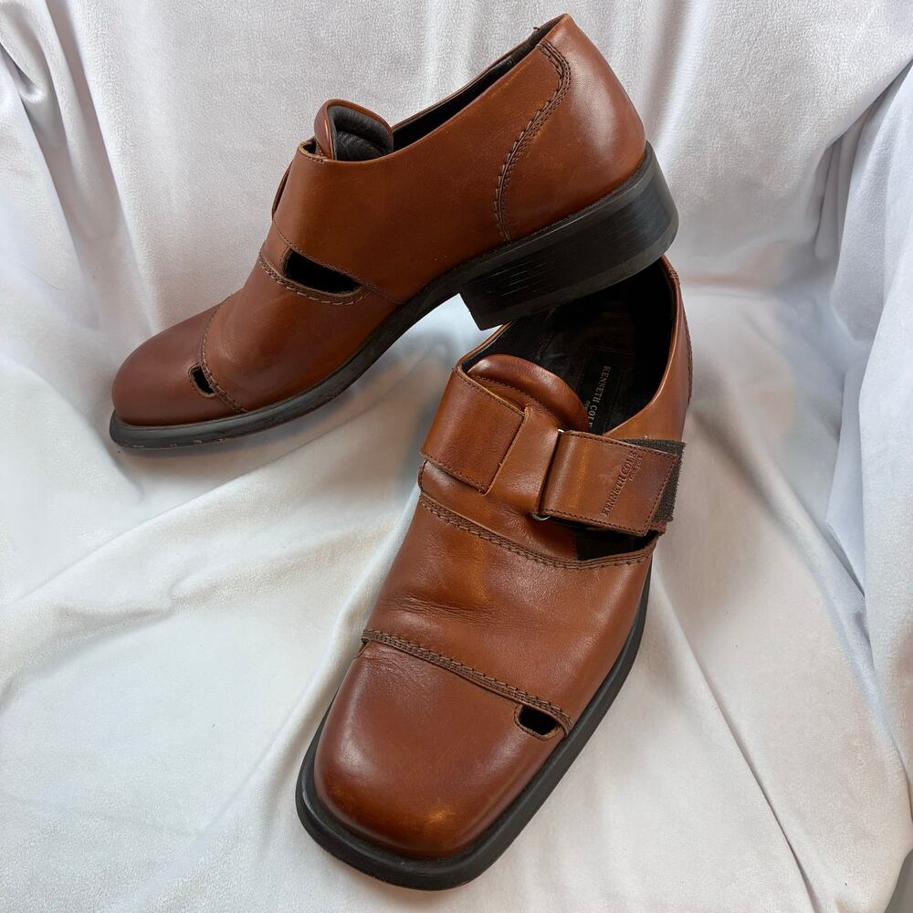 Kenneth Cole Leather Dress Sandals Men’s Loafer 12 Hook Loop Woven Chestnut